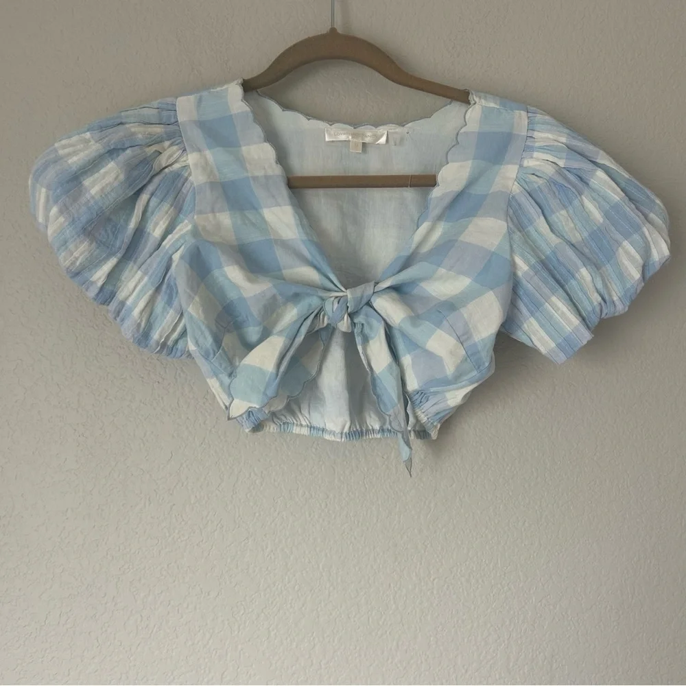 LoveShackFancy Hanover Crop Tie Front Top in Blue Gingham